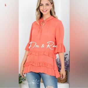 NEW! DOE & RAE CORAL ROUND NECKLINE WITH FRONT TIE RUFFLE BELL SLEEVES